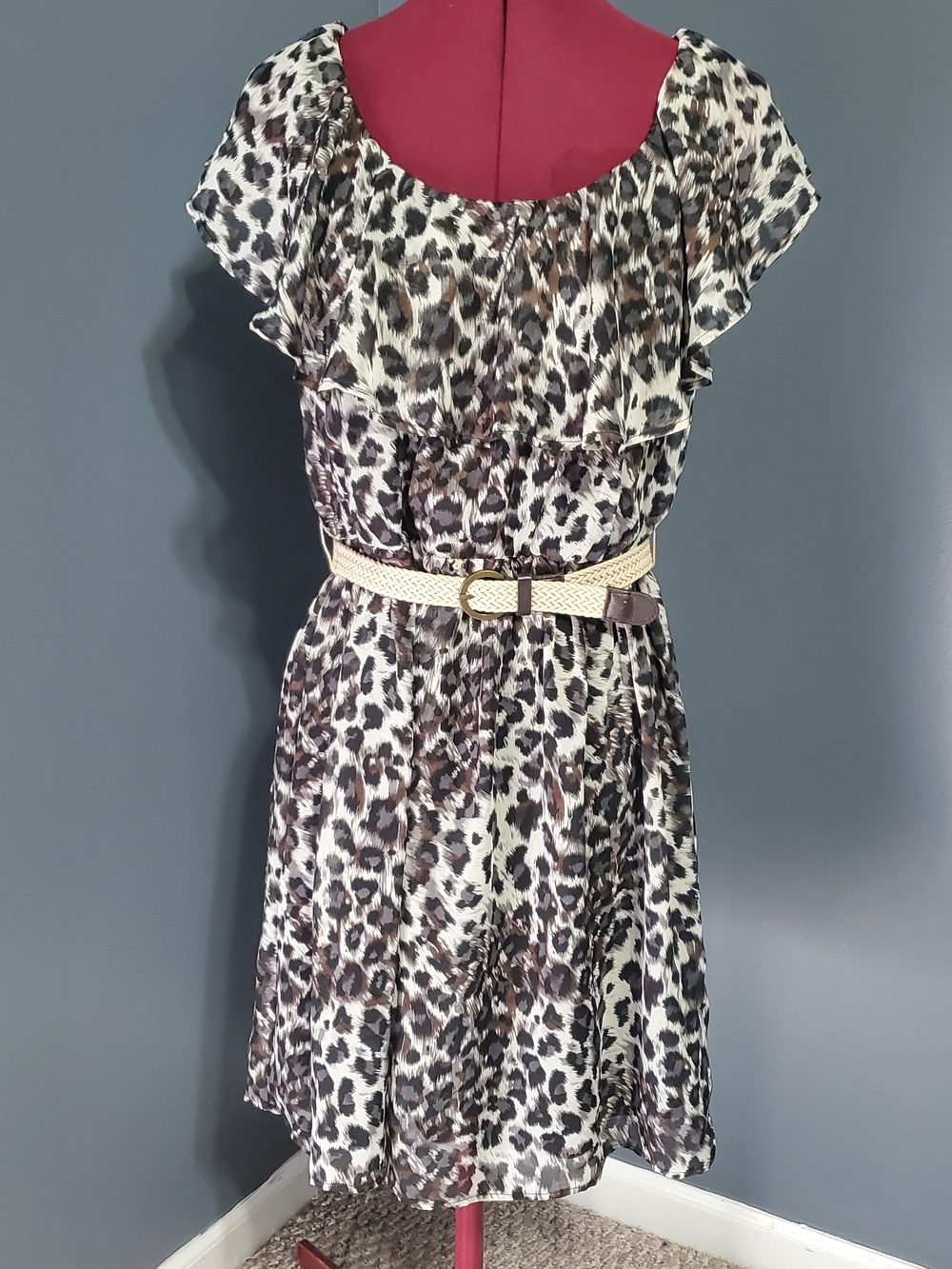 A. Byer Leopard-Print Mini Dress in Brown and Cream with Belt Women's Size M